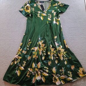 Anna Morgan Womens Floral V-Neck Midi Dress Green Yellow Size S NWT Piping‎